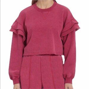 7 for All Mankind Women's Sweatshirt Ruffle Shoulder Crop Berry Pink Large NEW
